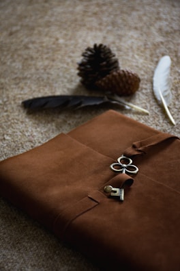 A brown leather journal with a metallic clover-shaped clasp and key rests on a textured surface. Two pine cones and two feathers, one white and one dark-colored, are placed near the journal.