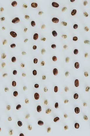 An assortment of coffee beans labeled by origin, arranged neatly on a dark wooden surface.