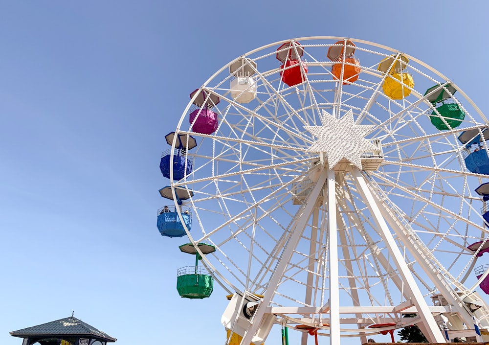 white red and blue ferris wheel under blue sky during daytime