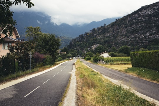 gray asphalt road between green grass field during daytime in Annecy France
