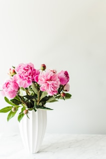 A bouquet of pink peonies with lush green leaves arranged in a tall, elegant white vase. The flowers are in full bloom, exhibiting a vibrant hue against a minimalist, light-colored background. The setting is simple and serene, placed on a marble-like surface.