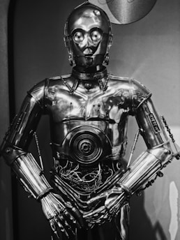 A shiny metallic humanoid robot with intricate details, including visible wires in the midsection. The robot stands in a neutral pose with its arms slightly bent at the elbows.