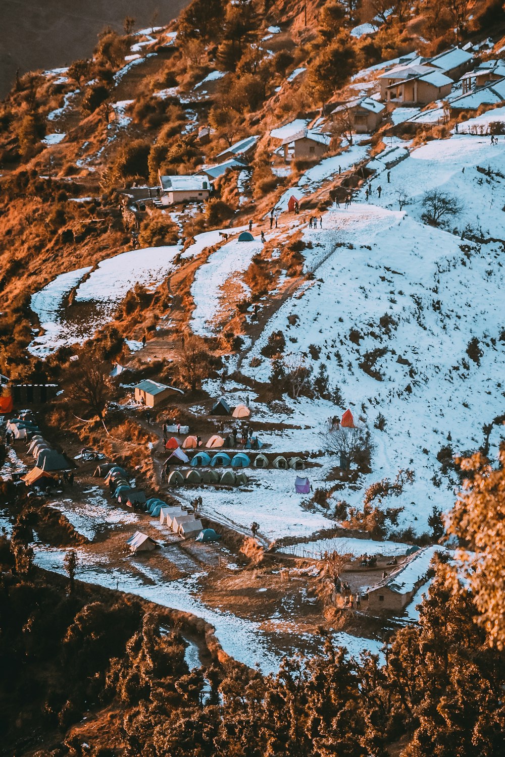 aerial view of city buildings and trees covered with snow during daytime