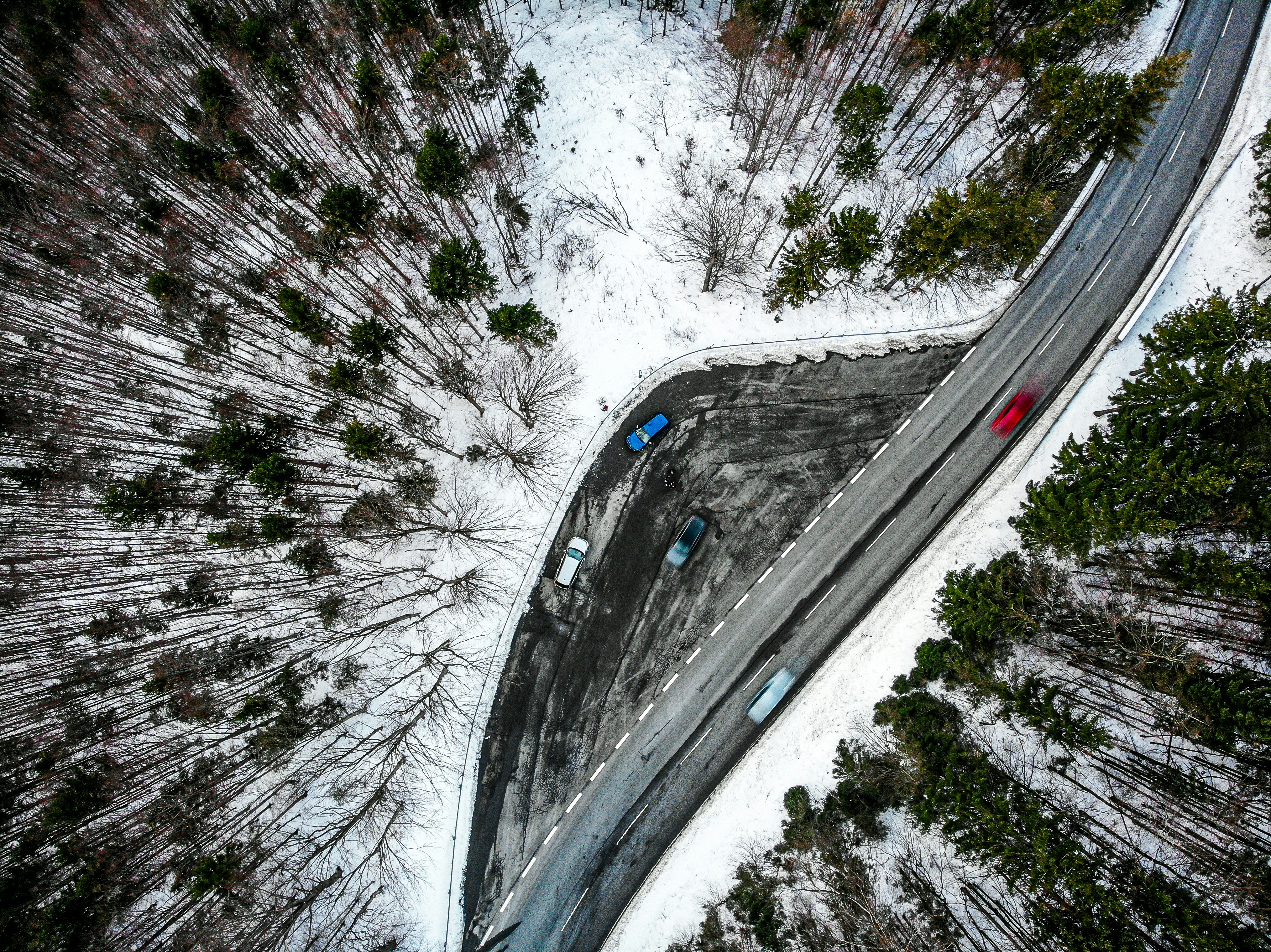 an aerial view of a road in the middle of a forest