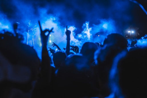 A vibrant crowd is gathered at a night event, with silhouettes of people raising their hands amidst an atmospheric display of blue light and smoke.