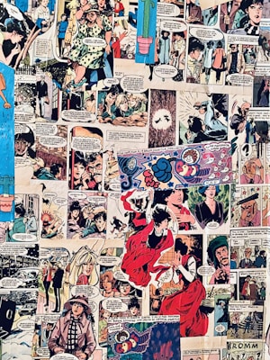 A collage of various comic strips featuring different scenes and characters in vibrant colors. Characters are shown in various actions and expressions, with speech bubbles conveying dialogue. The scenes range from dramatic to humorous, displaying diverse settings and styles within the comic format.