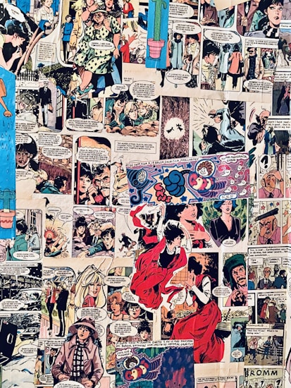 A collage of various comic strips featuring different scenes and characters in vibrant colors. Characters are shown in various actions and expressions, with speech bubbles conveying dialogue. The scenes range from dramatic to humorous, displaying diverse settings and styles within the comic format.