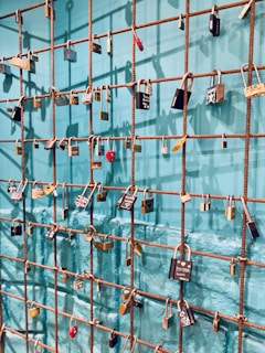 A collection of various locks attached to a grid of metal wires, with some locks displaying engraved or written messages. The grid is set against a teal-colored background, and the locks vary in color, size, and shape, including a prominent red heart-shaped lock.