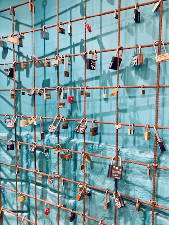 A collection of various locks attached to a grid of metal wires, with some locks displaying engraved or written messages. The grid is set against a teal-colored background, and the locks vary in color, size, and shape, including a prominent red heart-shaped lock.