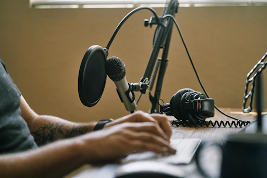 Close-up of a microphone setup ready for professional podcast recording