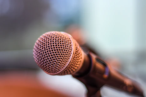grey microphone on brown wooden stand