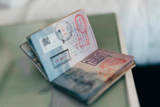 An open passport with multiple colorful ink stamps on the pages
