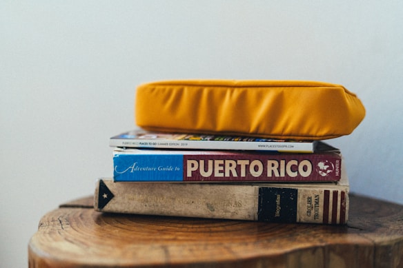 A stack of books and a magazine is topped with a bright yellow cushion. The titles visible include a guide to Puerto Rico and an adventure guidebook. The books are placed on a wooden surface with natural wood grain visible.