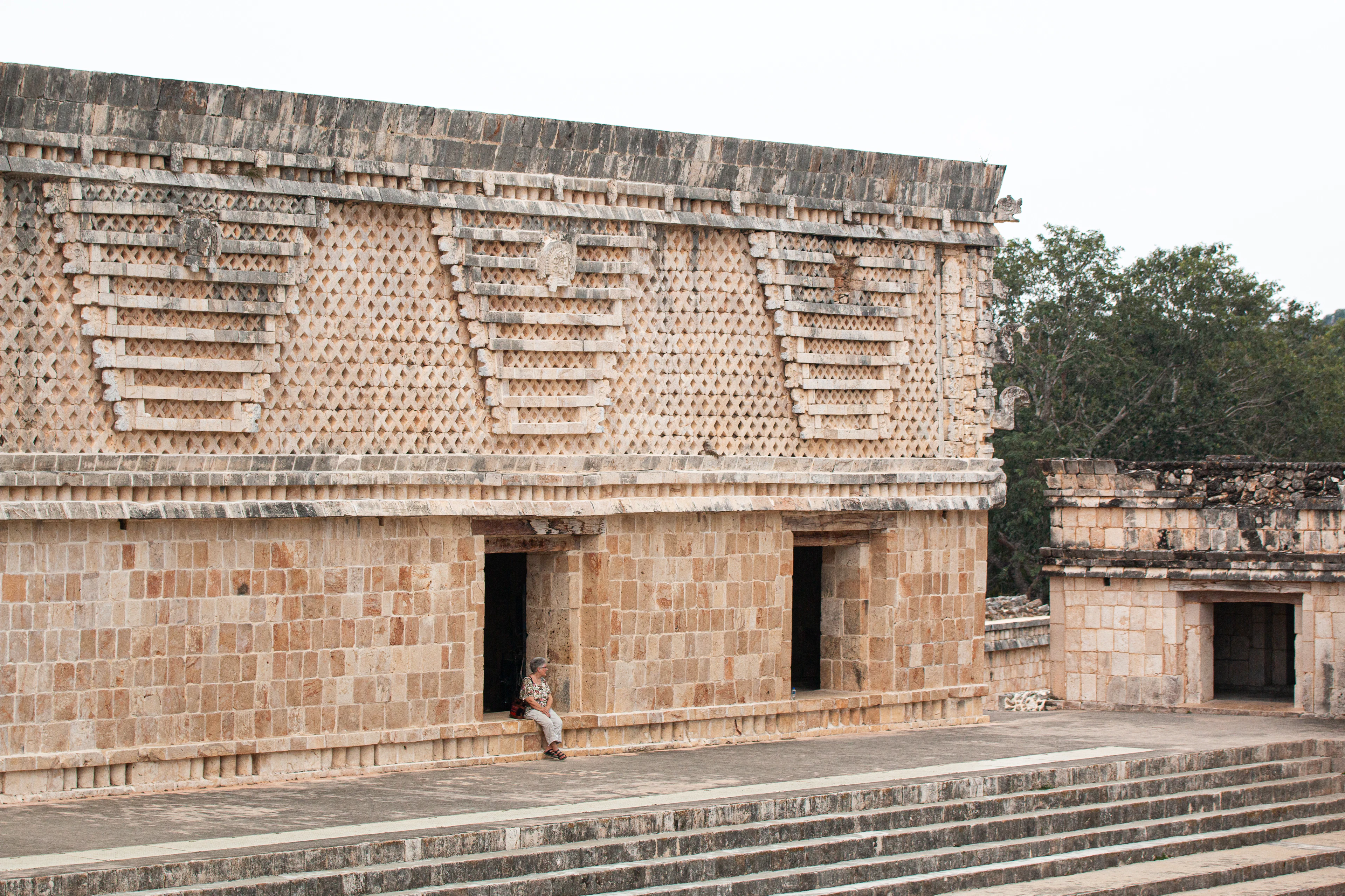 A carved stone frieze on a Maya building at Uxmal, Yucatán