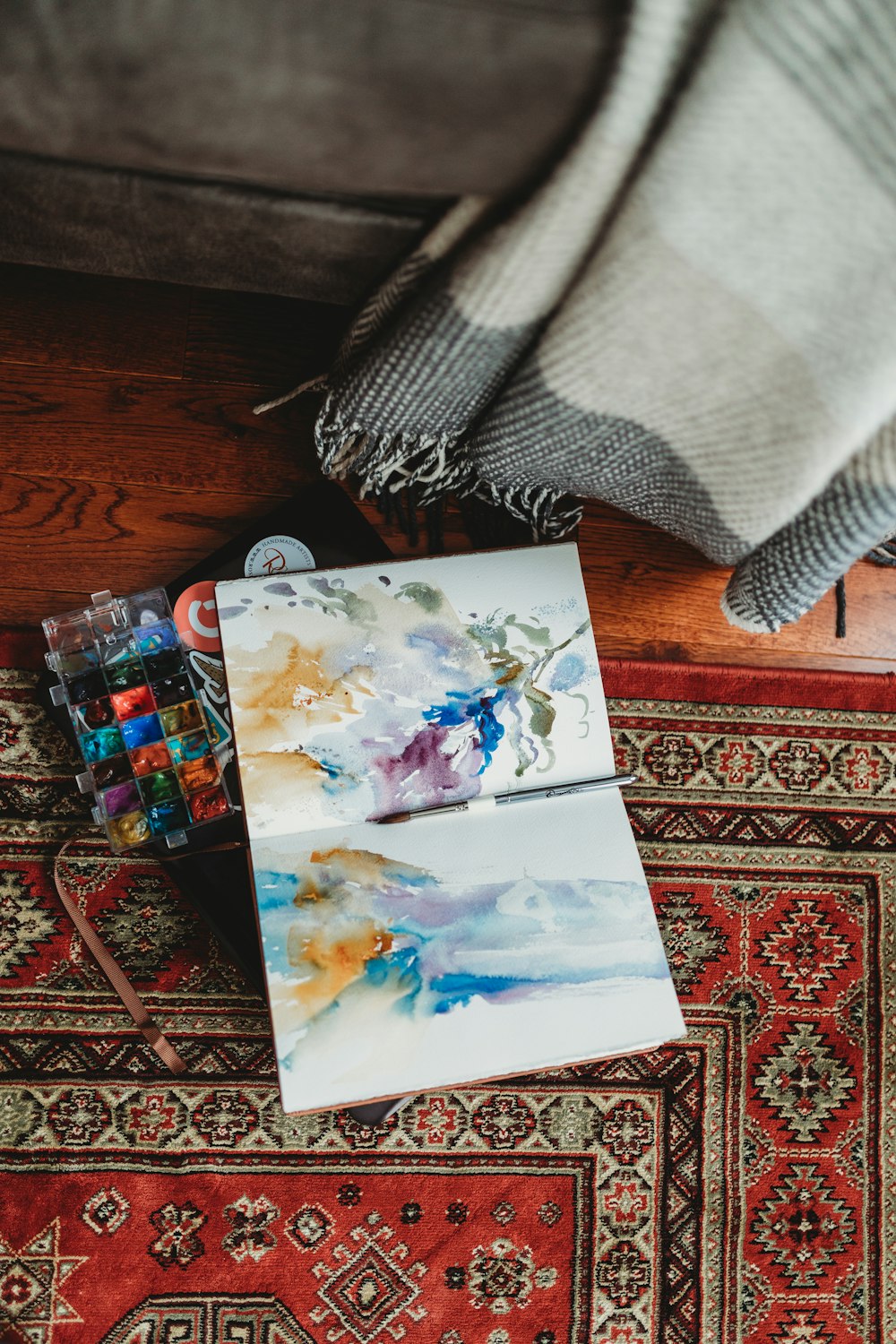 white blue and pink floral painting