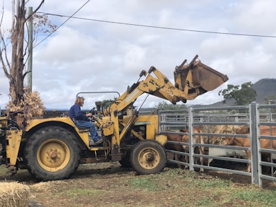 Operator using a front loader to level agricultural land on a sunny day.