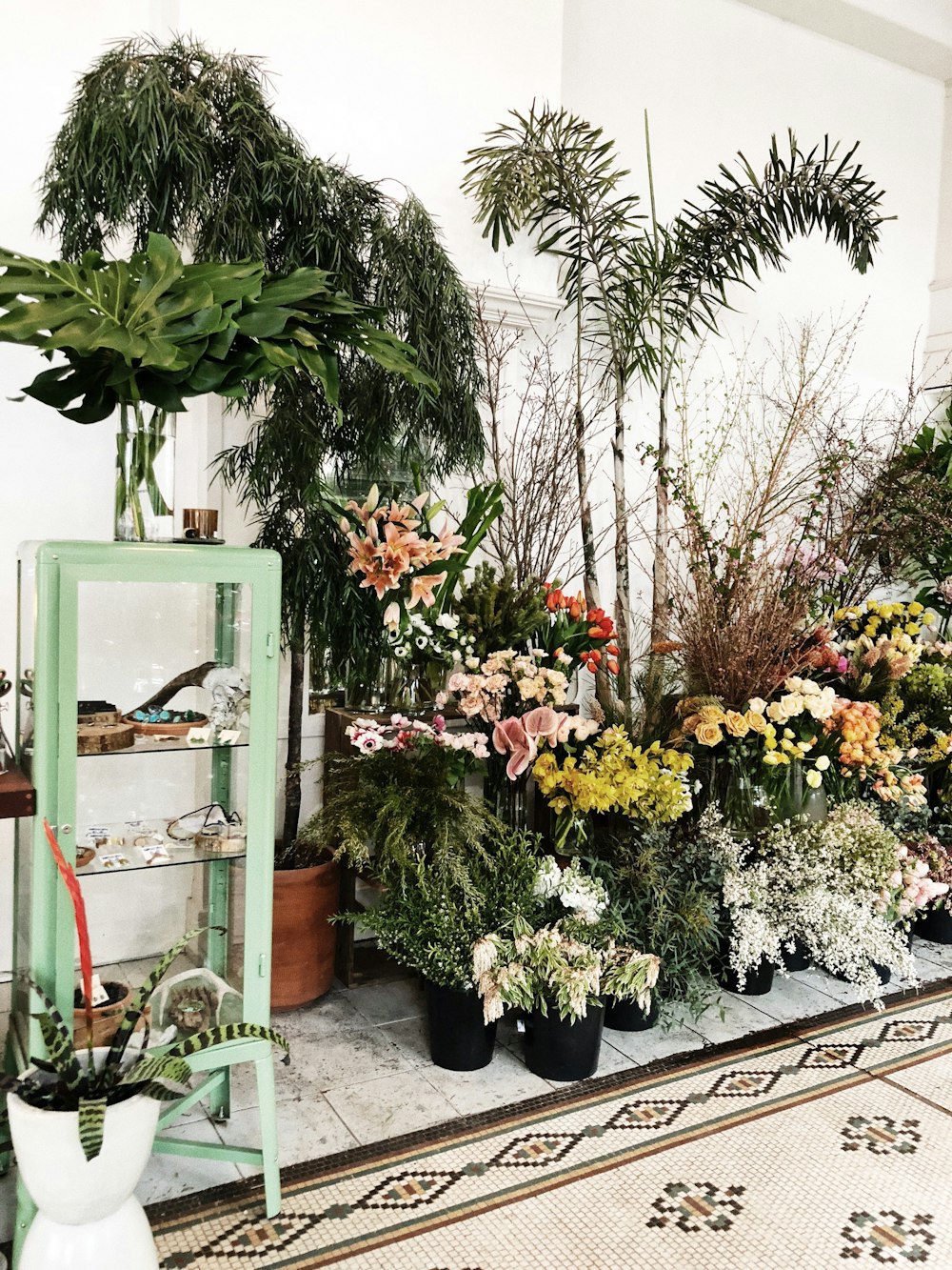 grünes Holzregal mit Blumen und Pflanzen