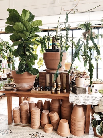 Handcrafted wooden flower pots displayed on a sunny terrace with blooming plants.