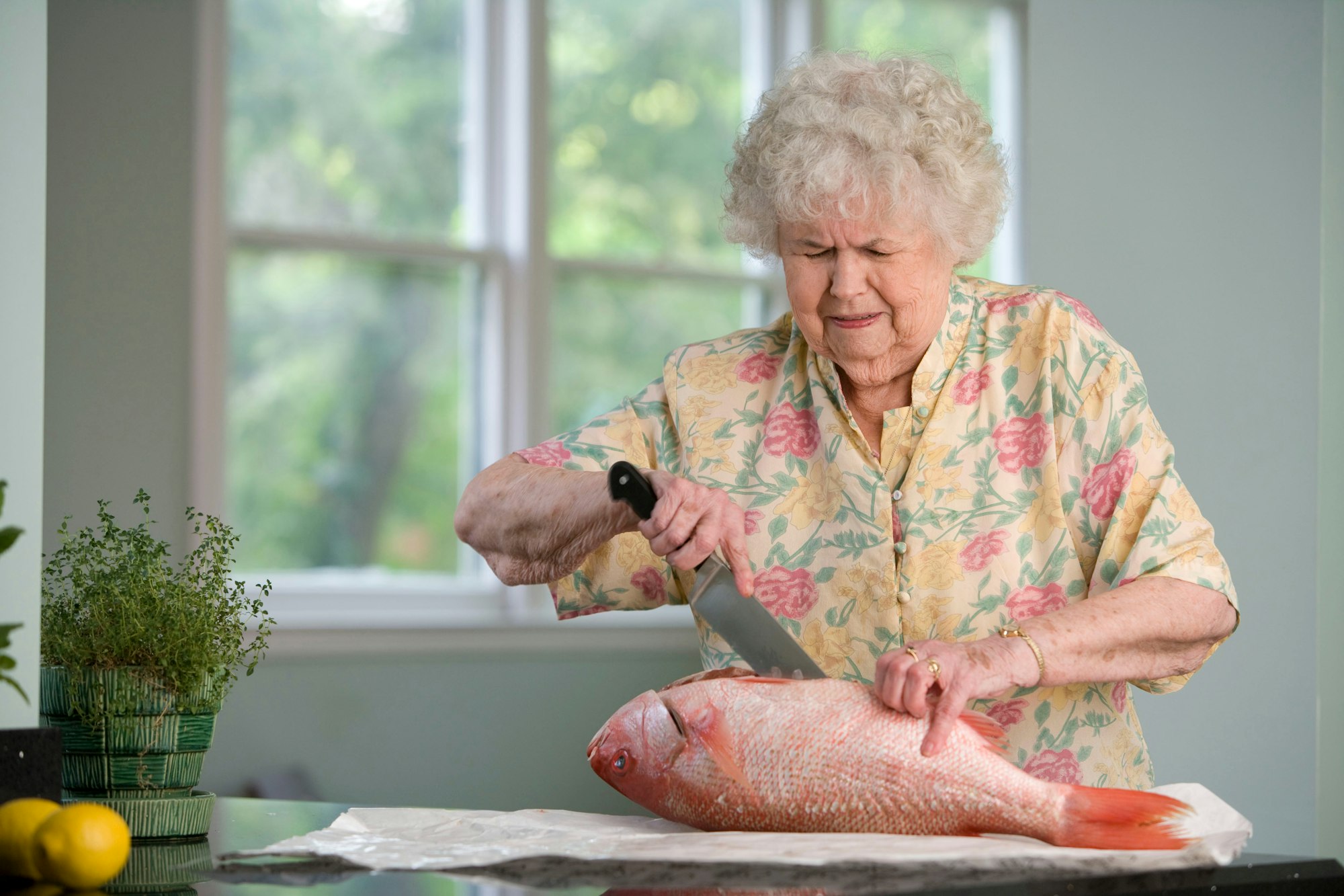 This elderly woman was in the process of preparing a fresh fish on her clean kitchen counter. Carefully using a large knife, the woman had cut into the fish’s belly, and would subsequently extract the internal organs prior to finally cutting away the fillets.