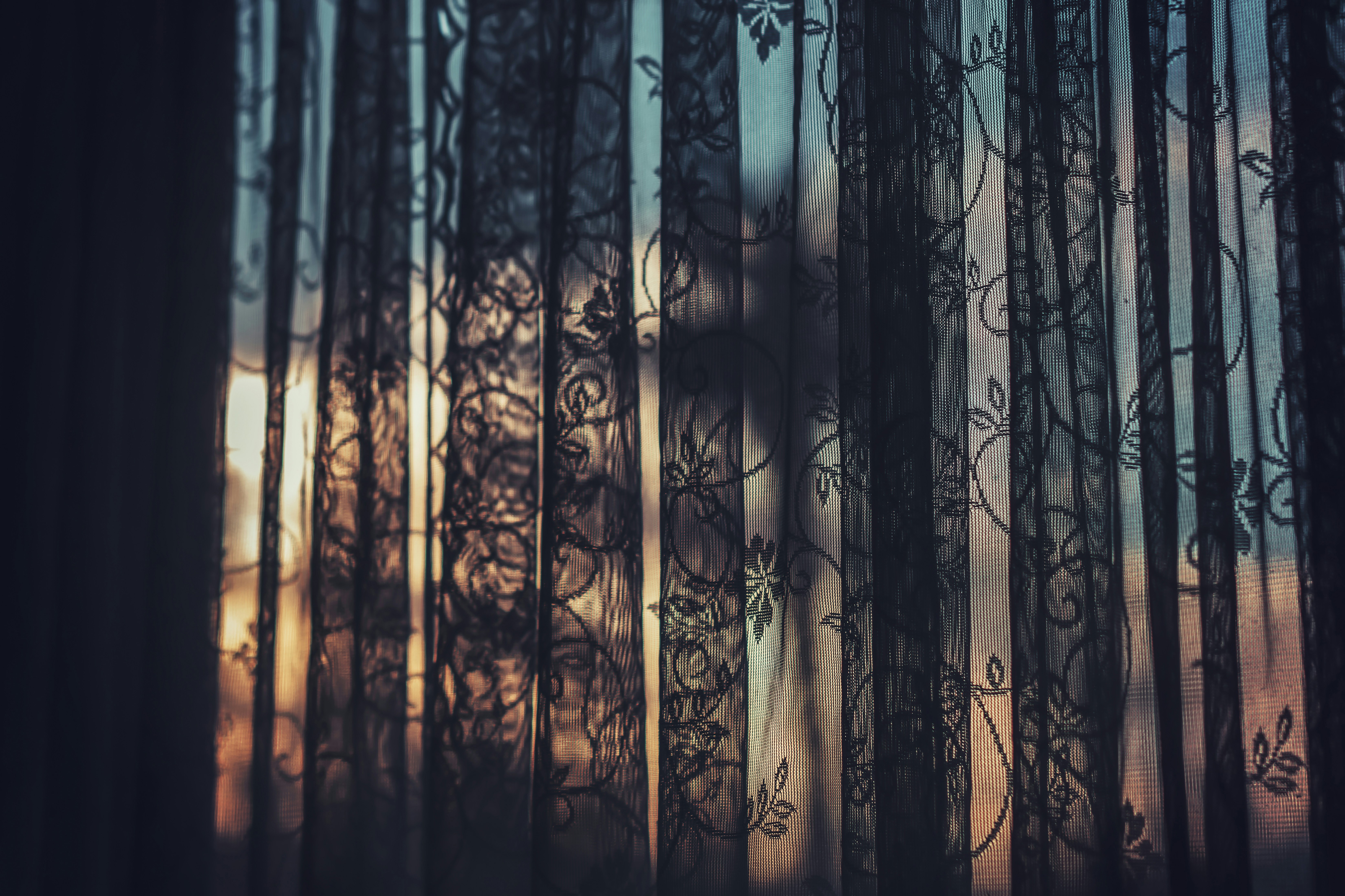 Net curtain with a pattern of leaves silhouetted against a sunset sky with dark trees