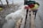 A white chicken is standing on a wooden bench. Its feathers are predominantly white with a small red comb on its head. In the background, there are piles of colorful clothing placed on the bench and some scattered stones and rubble. The setting appears to be outdoors.