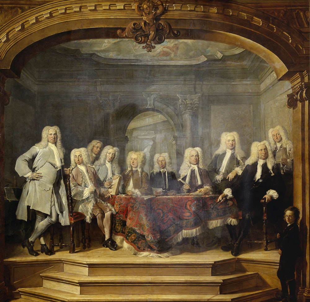 a painting of a group of people sitting around a table