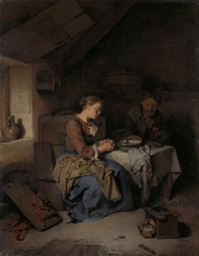 Volunteers repairing clothes together in a cozy, sunlit room.
