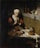 An elderly woman with her hands clasped in prayer sits at a table featuring a variety of food items, including bread, butter, and a pitcher. The setting is dimly lit, with a cat stretching toward the table.