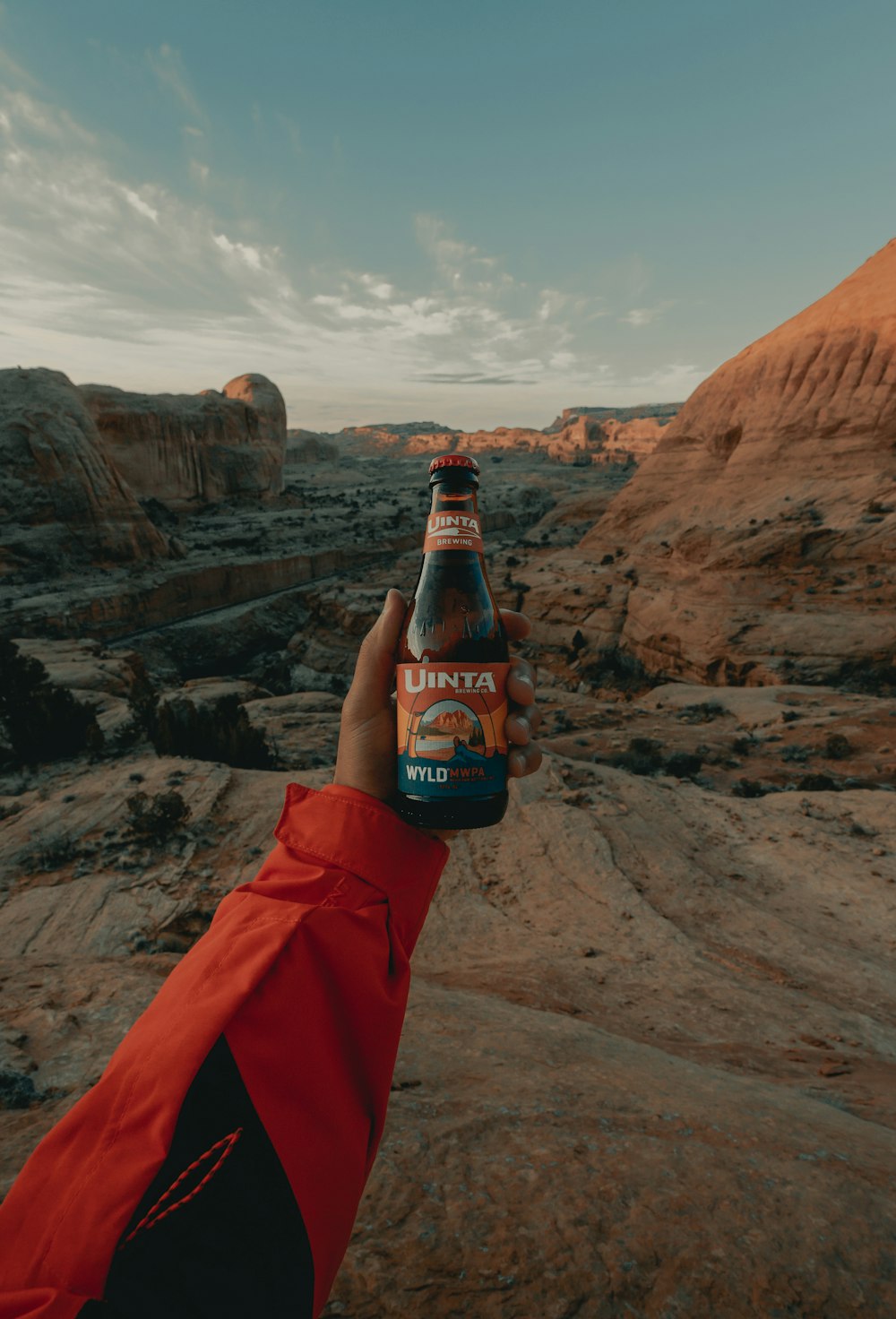 Persona sosteniendo una botella de vidrio marrón