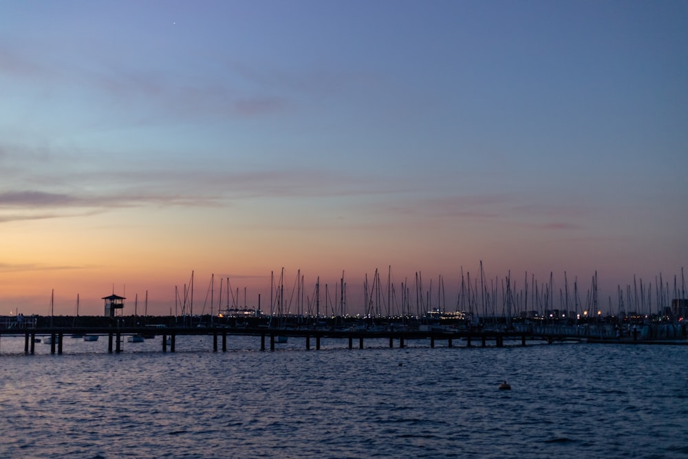 silhouette of dock on sea during sunset