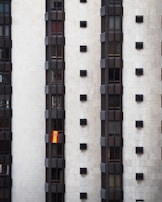 A tall, modern building facade with multiple vertical sections of dark windows is shown. A Spanish flag hangs prominently from one of the windows, adding a splash of color to the otherwise monochromatic scene.