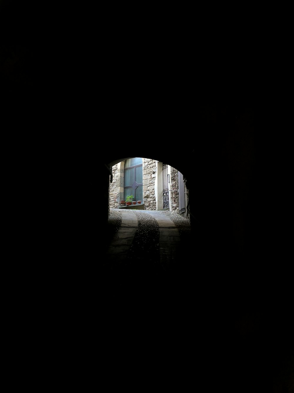 tunnel with blue and white windows