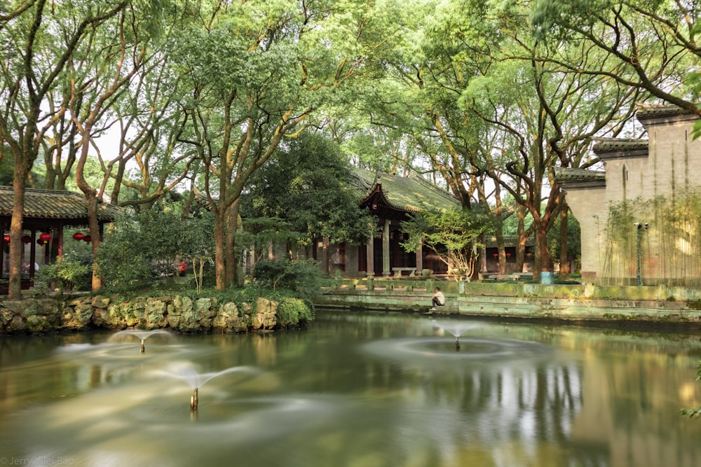 brown wooden house near green trees and river during daytime