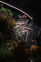 A vibrant vertical garden adorned with lush greenery and colorful flowers, contrasted against a large glass and metal structure. Illuminated walkways and spotlights enhance the modern architectural design, creating a striking interplay between nature and urban elements.
