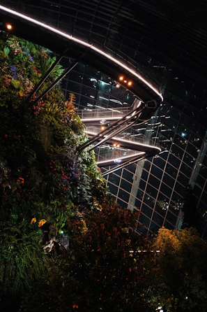 A vibrant garden lit by Luminova’s solar panels, showcasing nature and tech harmony.