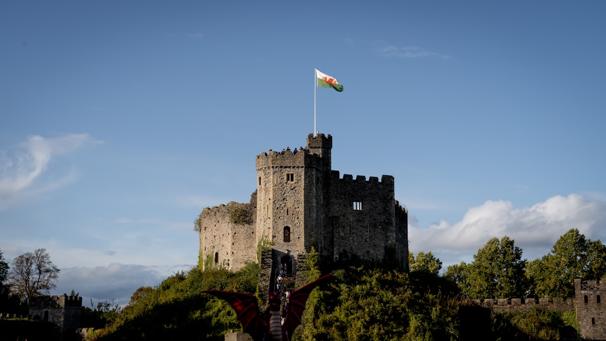 Cardiff Castle keep and walls under a clear sky in the centre of Cardiff