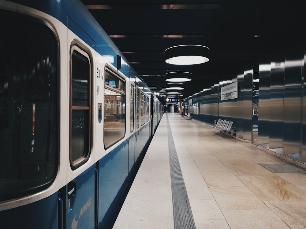 blue and white train in train station