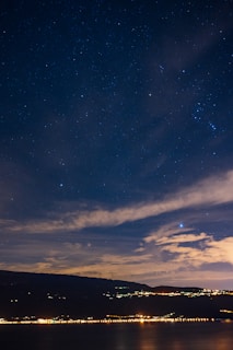 A peaceful night sky filled with stars over a quiet town.