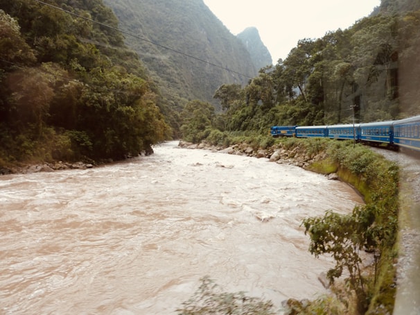 A vibrant blue train travels along a track beside a wide, flowing river surrounded by lush green mountainous terrain. The river appears turbulent, with white rapids visible in the brownish water, and dense vegetation covers the mountains on both sides. The scene is serene, capturing an intersection of natural beauty and human engineering.