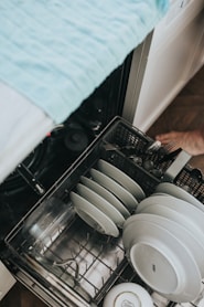white ceramic plate on black dishwasher
