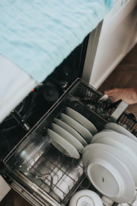 white ceramic plate on black dishwasher