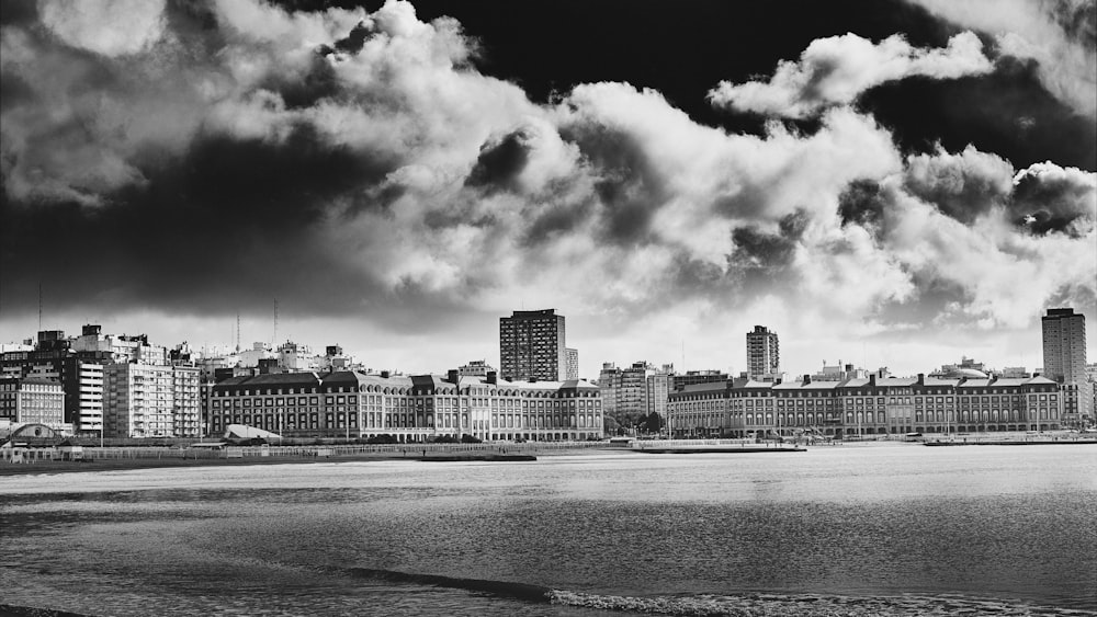 grayscale photo of city skyline