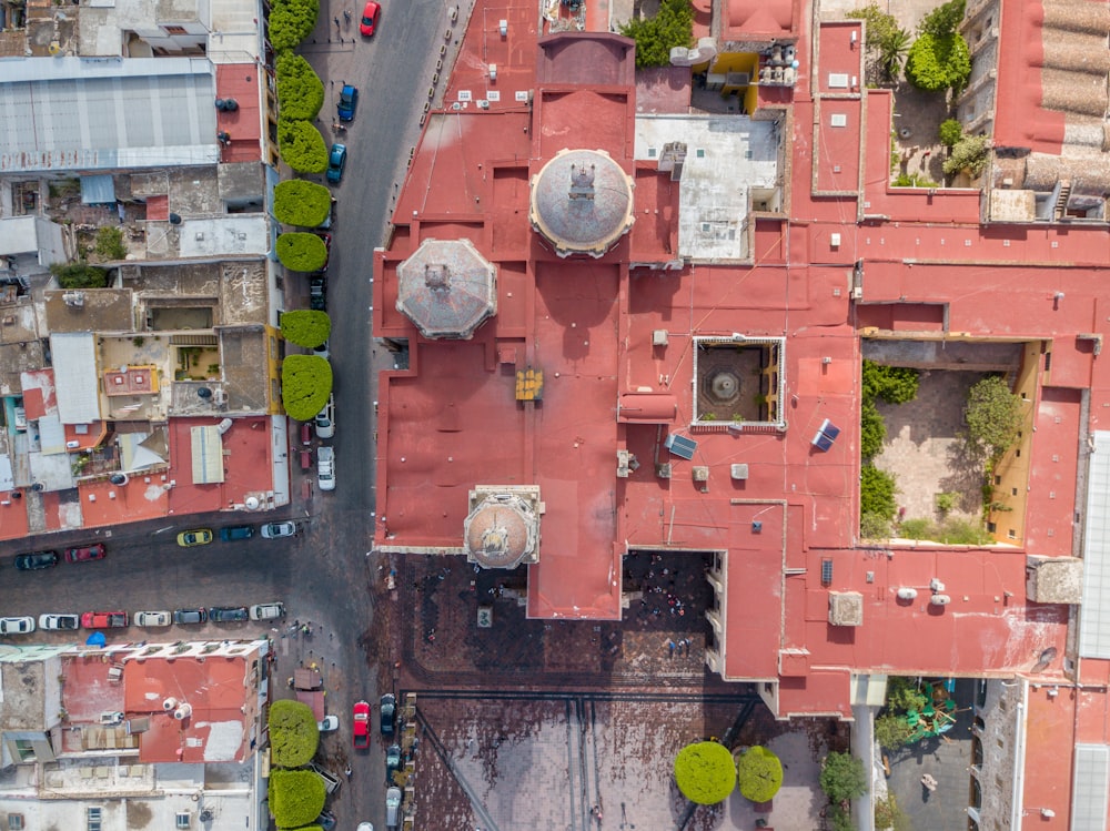 aerial view of red and white houses