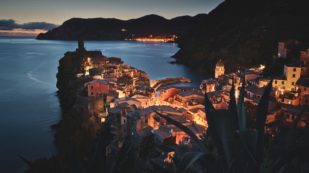 Vista aérea de la ciudad cerca del cuerpo de agua durante la noche