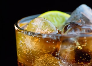 clear drinking glass with ice cubes and lemon