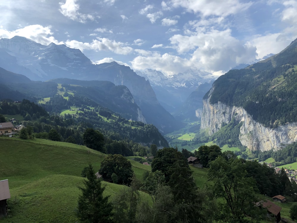 green grass field and trees on mountain under white clouds and blue sky during daytime