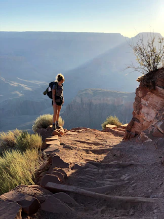 A sunlit mountain trail with a lone hiker pausing to admire the view.