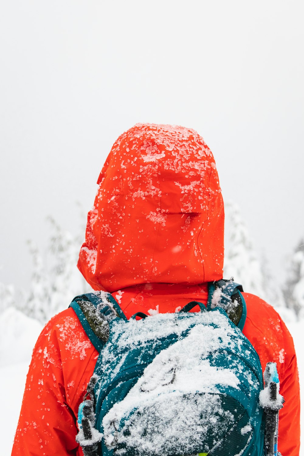 Persona con chaqueta roja con capucha cubierta de nieve