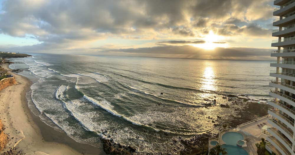 aerial view of beach during sunset