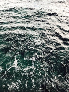 The image features a vast expanse of ocean water with visible waves and white foamy crests on the surface.
